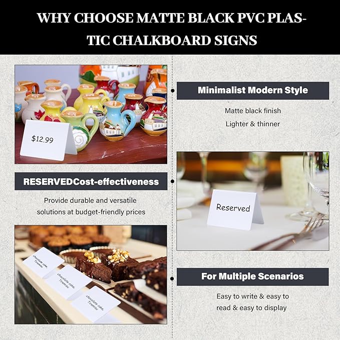 Outus 12 Pcs 4 x 3 Inches Buffet Food Labels Mini Small Chalkboard Signs White Acrylic Food Markers Little Price Signs with 2 Pcs Erasable Marker for Wedding Birthday Bakery Table Display