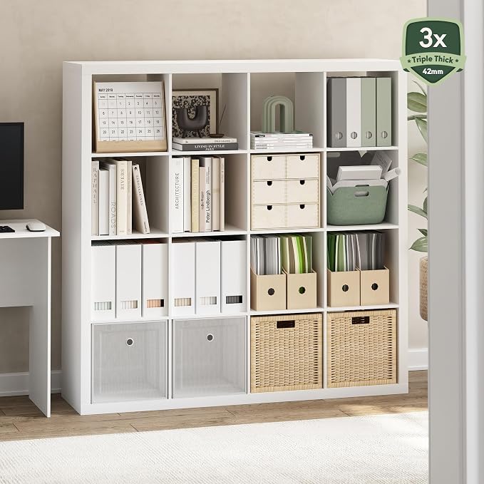 Furinno Cubicle Book Shelf, 16-Cube Bookshelf, Triple Thick Frame Cube Storage Organizer, 1.65" Bookcase, 15.4 x 57.4 x 56.9, for Home Office, Living Room, Plain White