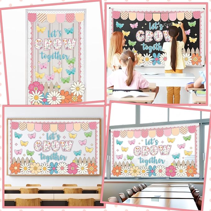 Spring Bulletin Board Decorations Set Motivational Let's Grow Together Bulletin Board Spring Butterfly Paper Cutouts Colorful Flower Classroom Decorations for School Home Office Chalkboard Supplies