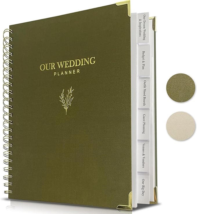 LADY&HOME Wedding Planner Book and Organizer, Linen Cover Wedding Planner Book, Bridal Planning Binder for Bride to be Gifts with Calendars, Checklist and Pockets(Emerald Green)