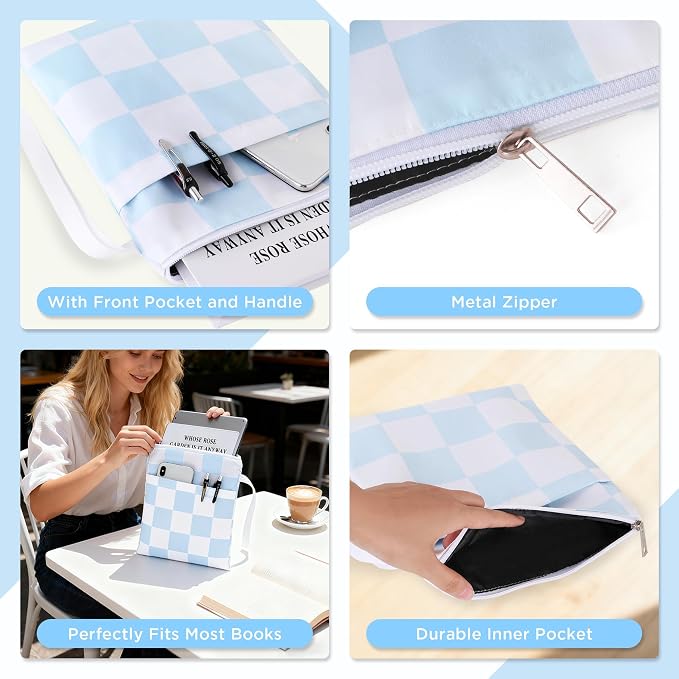 Book Sleeve with Zipper, 11''x 9'' Waterproof Paperback Sleeve for Book Lovers Books Pouch Cover with Handle for Hardcovers Kindle Sleeve for Reader Teacher Women (Blue and white grid, 11x 9 inch)