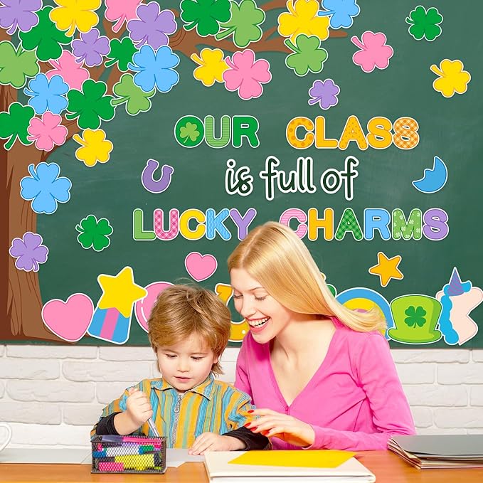 JarThenaAMCS St. Patrick' s Day Bulletin Board Set Lucky Charms Tree Classroom Decorations Shamrock Irish Clover Gold Coin Unicorn Paper Cutouts for School Classroom Chalkboard Wall Decor Supplies