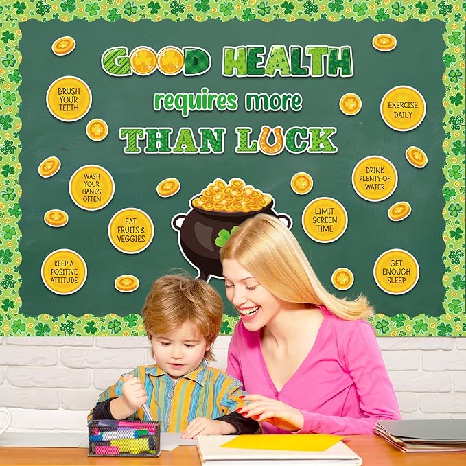 JarThenaAMCS St. Patrick's Day Health Bulletin Board Set Lucky Shamrock Classroom Decorations Clover Gold Coin Paper Cutouts for Irish Party Supplies School Classroom Chalkboard Wall Decor