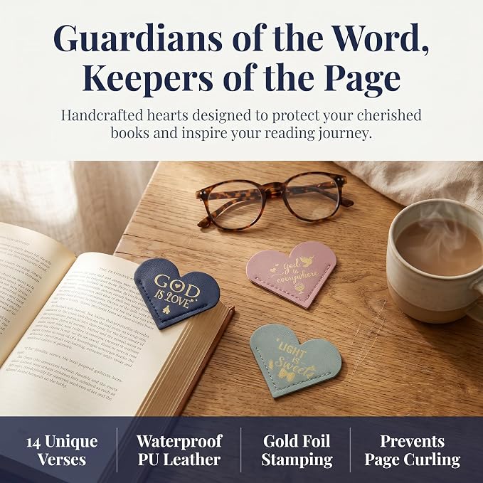 14Pcs Leather Heart Bookmarks Set, Cute Book Marks for Women Readers, Inspirational Christian Gifts for Mom, Bible Verse Page Accessories for Teachers Students Book Lovers