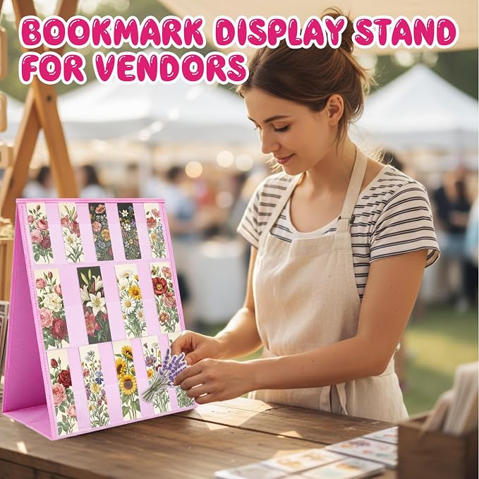 Faccito Bookmark Display Stand, Double Sided Portable Holder, Pink Desktop Display Rack for Gift-Ready Reading Accessories, Craft Fairs, Vendor Booths