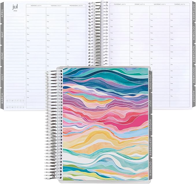 7x9 Coiled Life Planner (January 2026 - December 2026) - Layers Colorful classic cover, hourly layout, Minimal theme, platinum coil