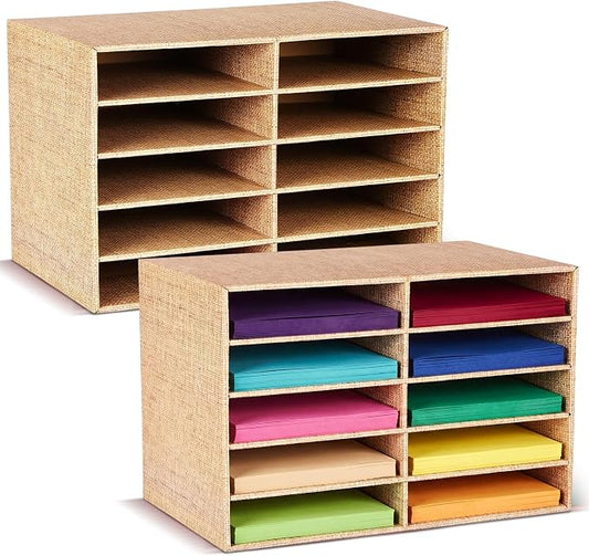 Dispowreath 2 Pack 10 Slots Construction Paper Storage, Classroom Mailboxes, Back to School Literature Cardboard Paper Organizer for Teacher, Office, 19.7 x 12.4 x 11.8 Inches(Beige,Burlap)
