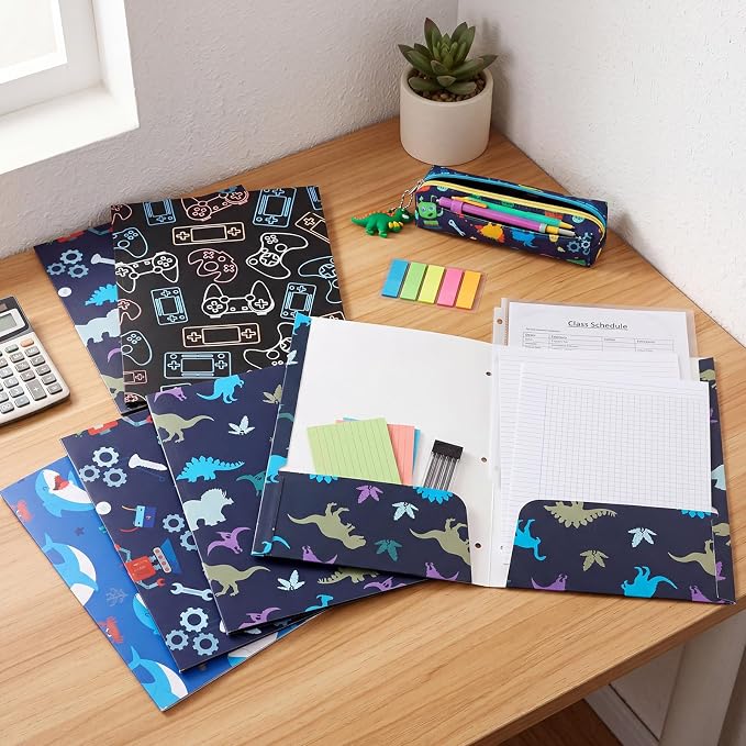 Marspark 12 Pack Pocket Folders for Boys School Folder with Pocket 3 Hole and 2 Pockets Compatible File Holder Heavy Duty Fun Trendy Design for Back to School Office Elementary Classroom Filing