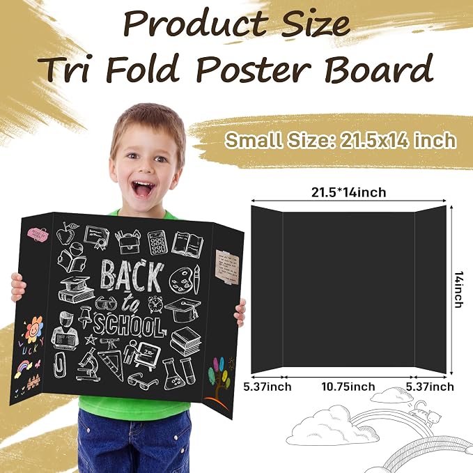 PSHVYM 12 Pcs Black Trifold Poster Board, 21.5 x 14 inches Poster Board with Double Sided Tapes and Cardboard, Corrugated Presentation/Display Board for School Project, Science Fair, Business