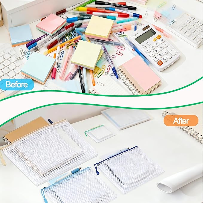 12-Pack Mesh Zipper Pouch Set with 1 Organizer Bag, 3 Sizes (A4, A5, B6) Clear Waterproof File Bags for Travel Organization, Journaling & School Office Supplies (13pcs)