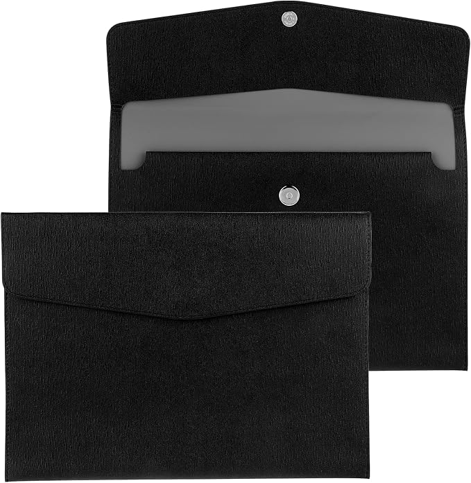 COMNICO Document File Folder, 1Pcs PU Leather A4 Envelope Folder Expanding File Organizer Waterproof Portfolio Black Storage Case with Invisible Magnetic Closure