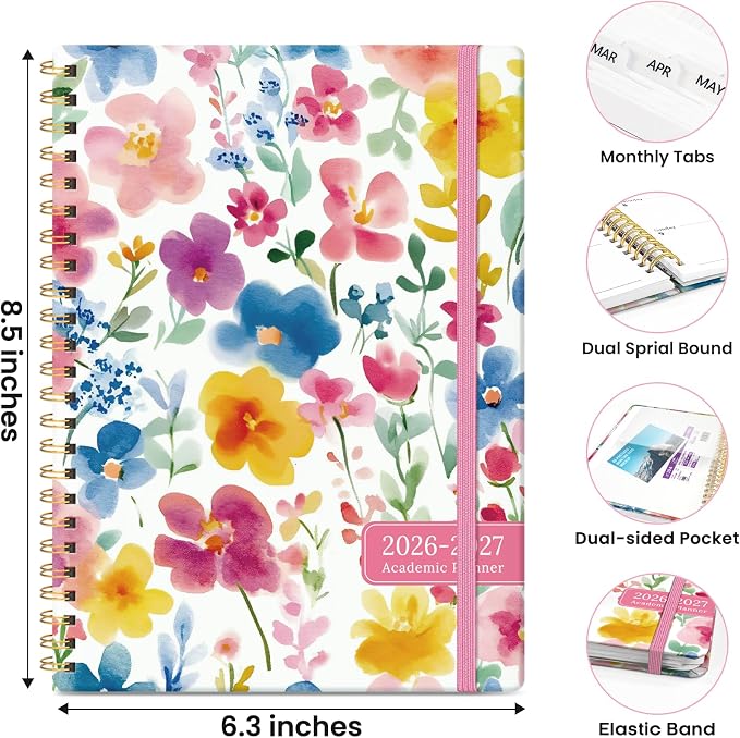 Planner 2026–2027, Academic Planner Weekly and Monthly Calendar Jul 2026 – Jun 2027 Hardcover Planner with Tabs and Pocket, Spiral Bound Agenda Book for Student & Teacher, 6.3" x 8.5", Bloom Floral