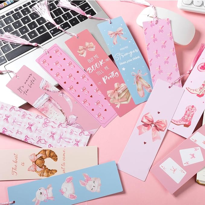 12PCS Pink Bow Bookmarks, Paper Bookmark with Tassels, Pink Bookmarks for Book Lovers Gifts, Double-Sided Colorful Cute Book Marks for Women, Book Accessories, Classroom Reading Supplies