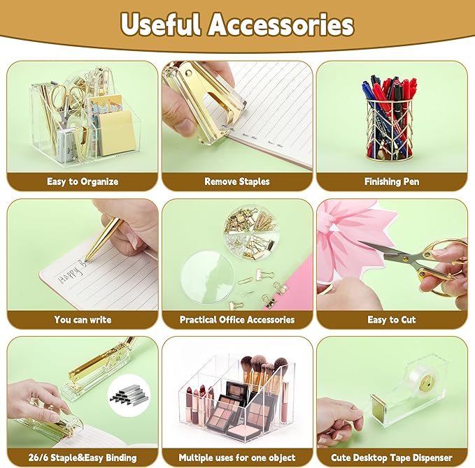 11 Pcs Acrylic Office Supplies Set Clear Desk Oganizer Accessories Kit include 2 Ballpoint Pen Pen Holder Stapler Tape Dispenser Staple Remover Clips Scissors for Office School Home