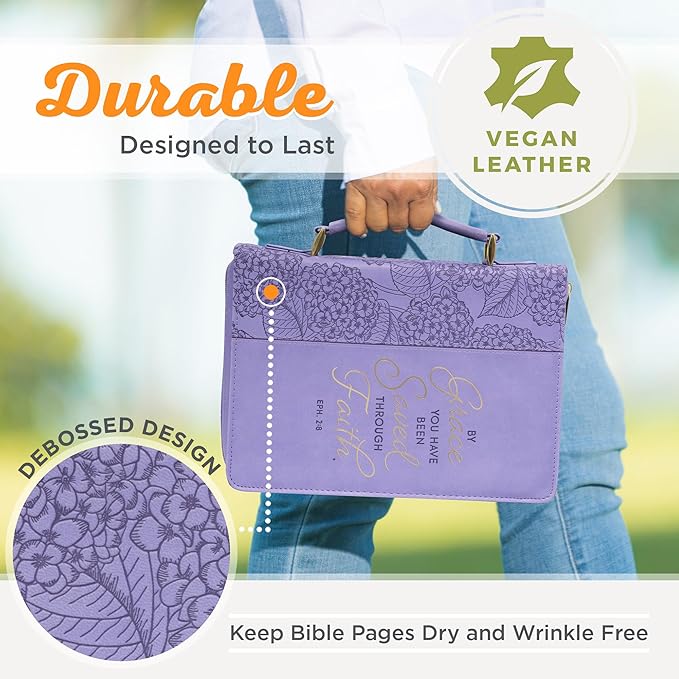 Christian Art Gifts Faux Leather Fashion Bible Cover for Women: By Grace You Have Been Saved - Ephesians 2:8 Inspirational Bible Verse, Hydrangea Lavender-Purple, Large