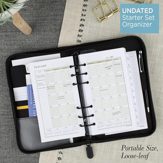 AT-A-Glance Faux Leather Undated Starter Set, 6-Ring, 3-3/4" x 6-3/4, Portable Size, Black (033-0240-05)