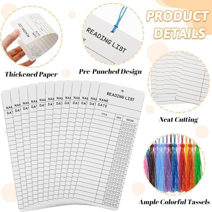 DSYIL 100 Sets Reading List Bookmarks with Tassels - 3x8 Library Card Book Marks Bulk, Cardstock Reading Log and Book Tracker for Book Lovers, Book Clubs & Back-to-School Supplies (White)