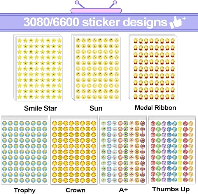 Student Reward Stickers，Teacher Essentials, Teacher Supplies，6600PCS Incentive Stickers，75 Sheets of 15 Different Incentive Stickers，Star Stickers, Star Shaped Stickers (Coloration-1)
