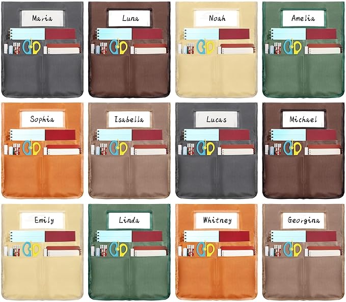 gisgfim 12 Pcs Chair Pockets for Classroom 16.7 x 19.3 Inch s with Name Tag Chairback 3 Pockets Chairs Seat Back Organizer for Elementary School Daycare Home Supply (Maillard)