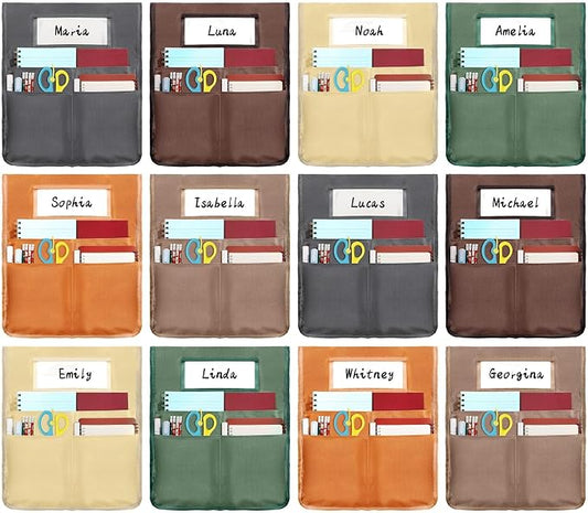 gisgfim 12 Pcs Chair Pockets for Classroom 16.7 x 19.3 Inch s with Name Tag Chairback 3 Pockets Chairs Seat Back Organizer for Elementary School Daycare Home Supply (Maillard)