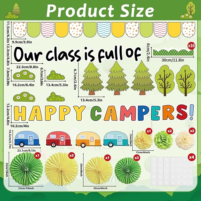 Summer Camping Bulletin Board Decorations Set with 3D Tissue Paper Flower Paper Fan Camping Theme Classroom Bulletin Board Border Set Vintage Trailer Cutouts for Woodland School Chalkboard Supplies