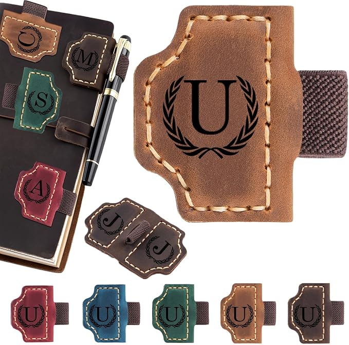 Personalized Magnetic Leather Bookmark with Pen Holder - 26 Letters Custom Book Mark with Name Initial Engraved Book Marker for Readers, Book Lovers, Travelers - Gift for Women & Men(Light Brown，U