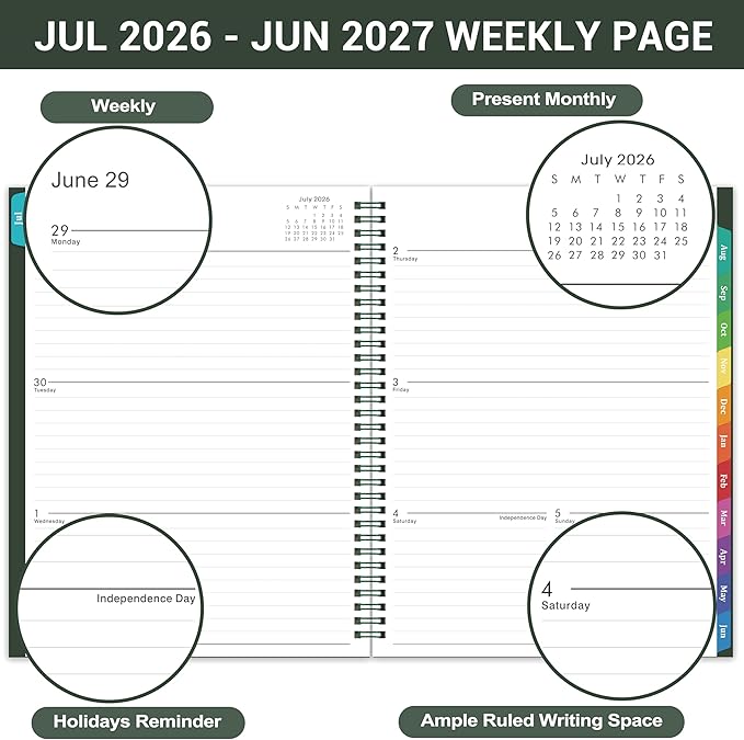 2026-2027 Planner - 2026-2027 Planner Weekly and Monthly, Jul. 2026 - Jun. 2027 11'' x 9'', Planners 26-27 with Colorful Tabs, Premium Paper, Twin-wire Binding - Classic Dark Green