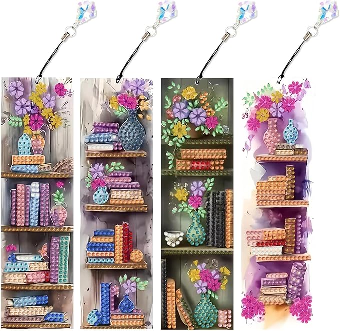 4 PCS Book Diamond Art Bookmarks for Adults, Bookshelf Diamond Painting Bookmarks with Pendant, 5d Gem Art, Acrylic Bookmark DIY Crafts for Books Decor Gift