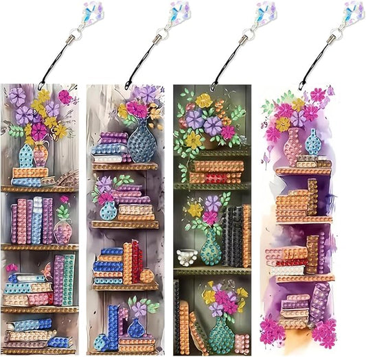 4 PCS Book Diamond Art Bookmarks for Adults, Bookshelf Diamond Painting Bookmarks with Pendant, 5d Gem Art, Acrylic Bookmark DIY Crafts for Books Decor Gift