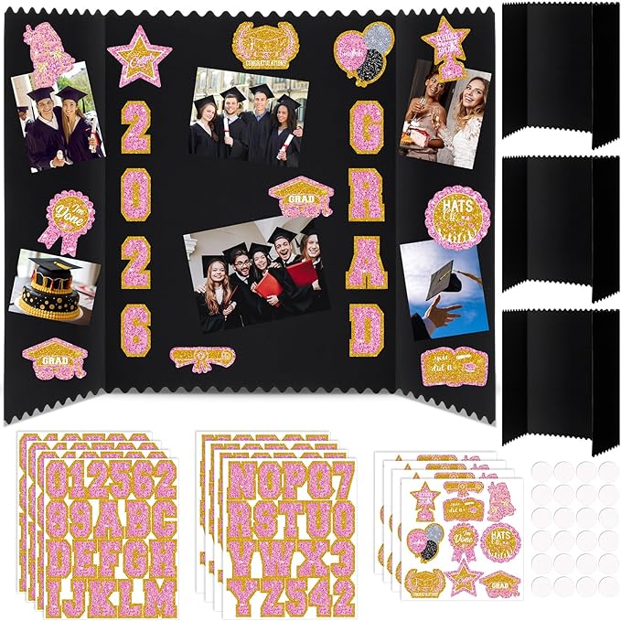AmazingSpark 4 Sets Graduation Photo Display Board Trifold Poster Board with 12 Graduation Themed Stickers for 2026 Grad Party Decoration Picture Collage Frame Supplies (24 x 16,Pink Gold)
