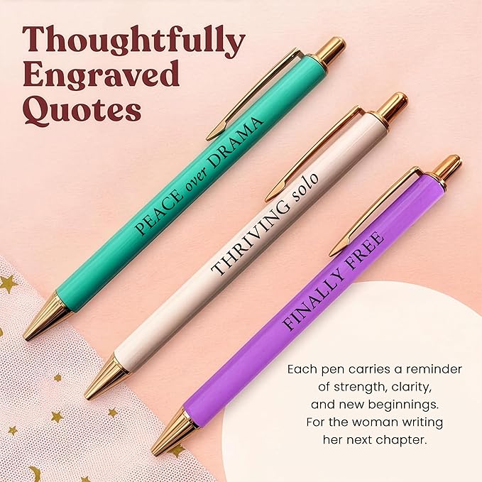 MESMOS 3pcs High End Luxury Happy Divorce Gifts for Women, Strong Woman Gifts, Gift to Cheer Someone up Women, Break up Gift for woman, Boss, & Friends. German-Ink & 1mm Swiss-Tip Motivational Pens