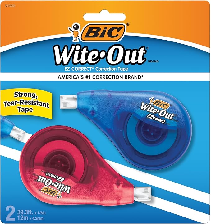 BIC Wite-Out EZ Correct Correction Tape, White, No Dry Time, Tear Resistant Tape, 2-Count