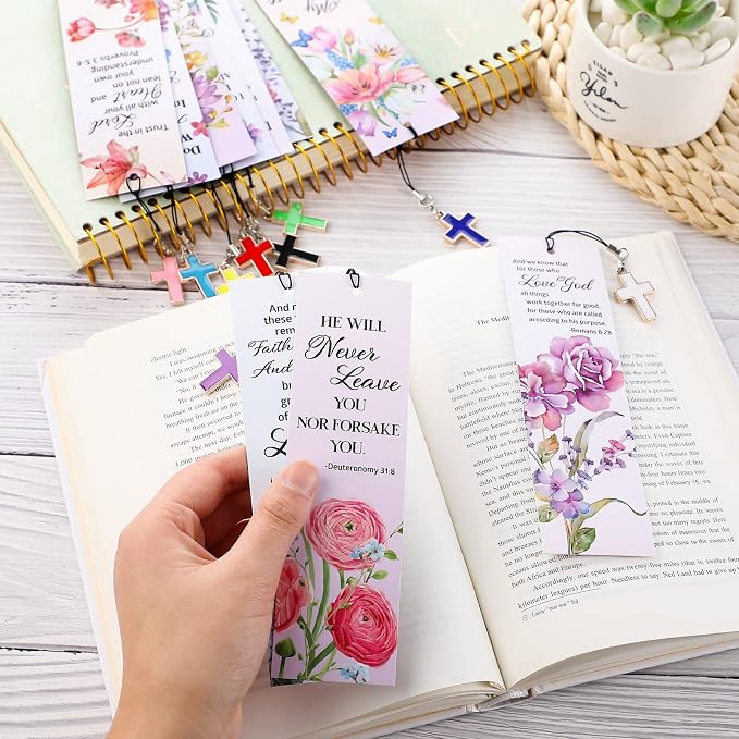 Gersoniel 30 Pcs Christian Bookmarks for Women Bible Verse Inspirational Scripture Bookmark Bulk Religious Page Marker with Cross Pendant for First Communion Mother Day Church Gift(Pastel Style)