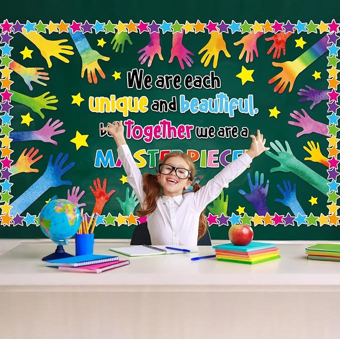 We are Each Unique Bulletin Board Set Summer Colorful Handprint Themed Classroom Decoration Back to School Bulletin Board Motivational Handprint Cutouts for Kindergarten School Chalkboard Wall Decor