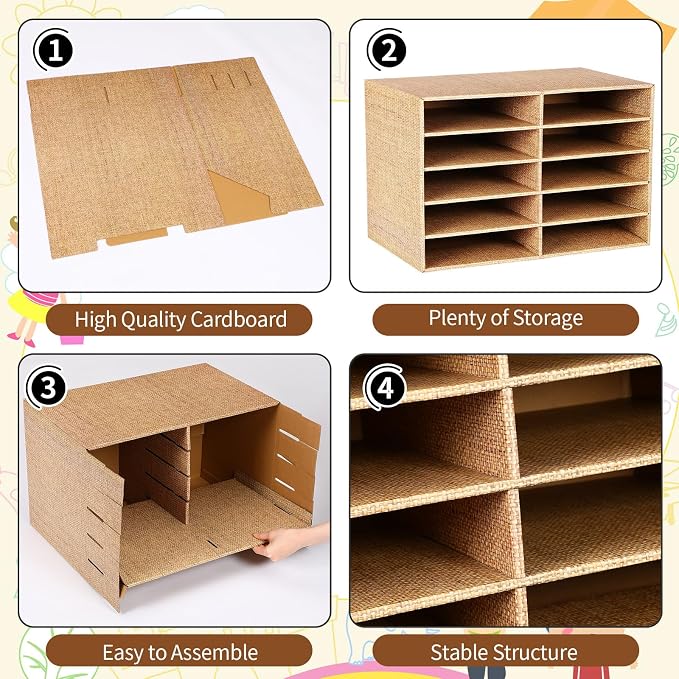 Dispowreath 2 Pack 10 Slots Construction Paper Storage, Classroom Mailboxes, Back to School Literature Cardboard Paper Organizer for Teacher, Office, 19.7 x 12.4 x 11.8 Inches(Beige,Burlap)