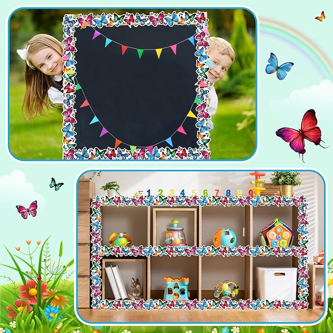 Dispowreath 68. 9 Feet Butterfly Bulletin Board Border Decoration Butterfly Rolled Border Trim for Back to School Bulletin Boards Classroom Chalkboard Wall Spring Home Decor