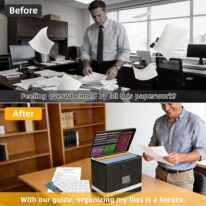 Deluxe Pro Small Next of Kin Box Organizer with 55-Page Family Document Guide, Fireproof Foldable File Organizer with Combination Lock, 5 Hanging Files and 128 Category Labels (13"L×6.3"W×8.3"H)