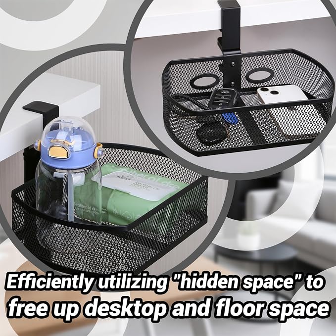 Clamp-On Hanging Desk Organizer - Metal Under-Desk Storage with Clamp Mount, Desk Attachments for Home/School/Office, Essential Office Supplies