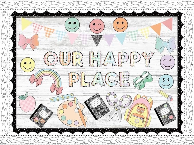 Mooliwe 94 Pcs Composition Notebook Classroom Decor Welcome Back to School Bulletin Board Set Checkered Classroom Decor Smile Face Stationery Paper Cutouts for First Day of School Wall Door(Modern)