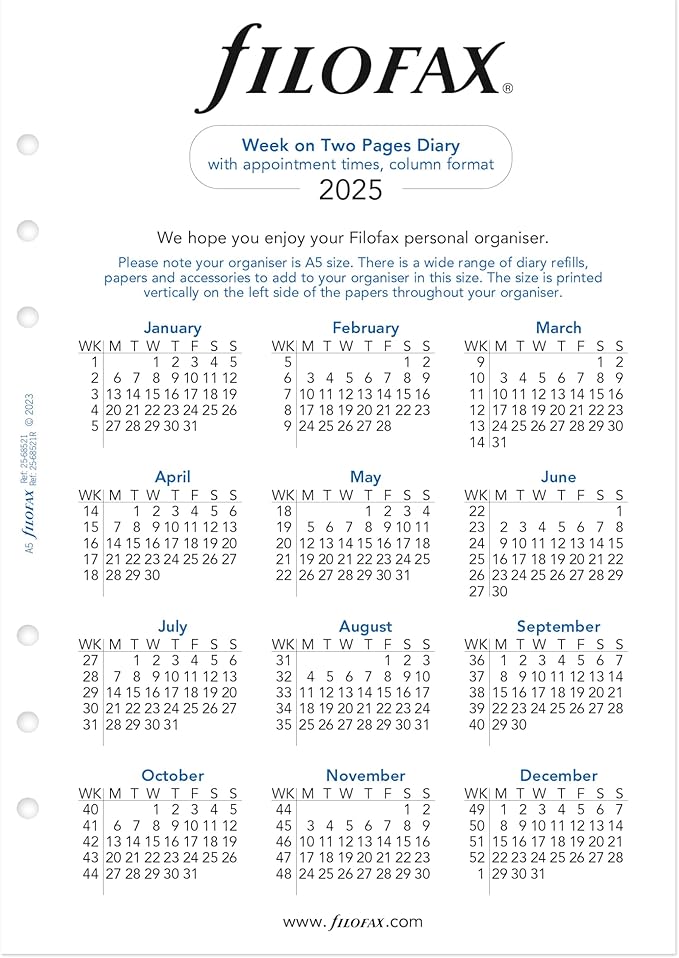 Filofax Calendar Diary Refill, A5 Size, Week-to-View with Appointments, White Paper, English, 2025 (C68521-25)
