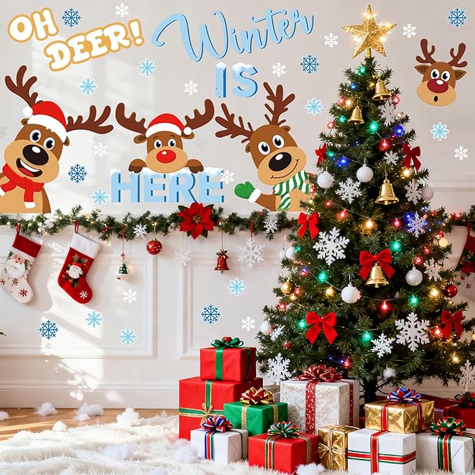 Large Cristmas Bulletin Board for Decor Oh Deer Winter is Here Reindeer Bulletin Boards Set Snowflakes Paper Cutouts Christmas Decorations for Classroom Wall Holiday School Party Supplies