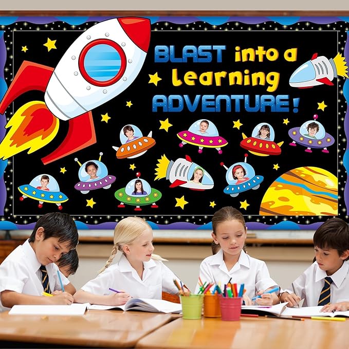 Outer Space Bulletin Board Set Blast into A Learning Adventure Classroom Bulletin Board Decorations Spacecraft DIY Photo Space Themed Cutouts for Back to School Kids Classroom Chalkboard Wall Decor