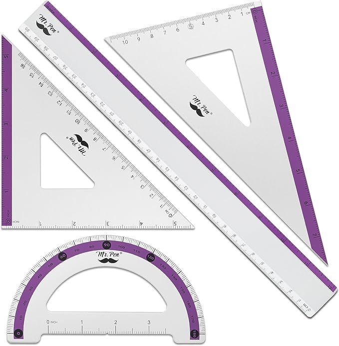 Mr. Pen- Metal Geometry Kit, 4 Pack, 45° & 30°/60° Set Squares, 6" Protractor & 12" Ruler, Durable Metal Drafting Tools for Technical Drawing, Math, Engineering & Architecture