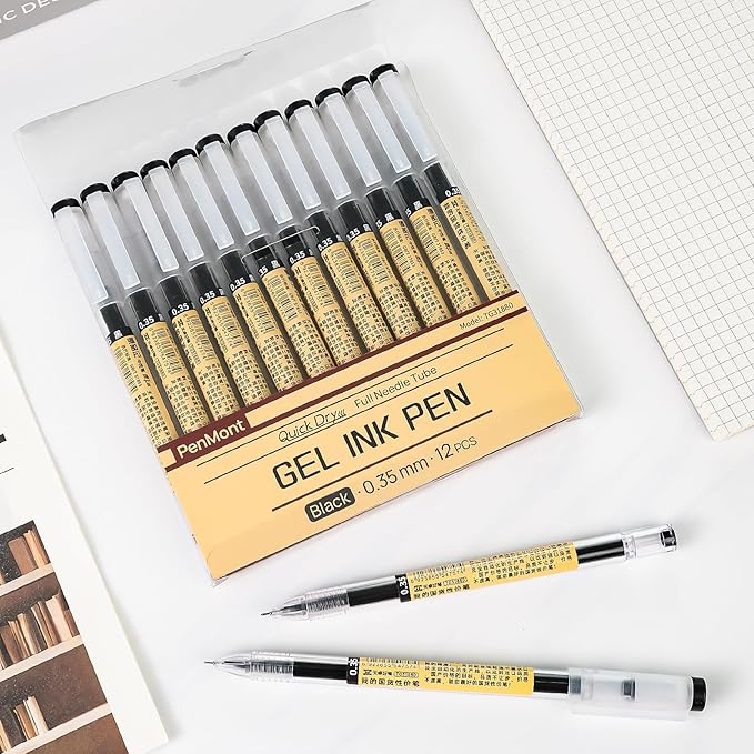 Quick Dry Black Gel Roller Pens, Waterproof Ink, 0.35mm Extra Fine Point, Precise and smooth writing, Japanese Pens Style, 12-Count Pack