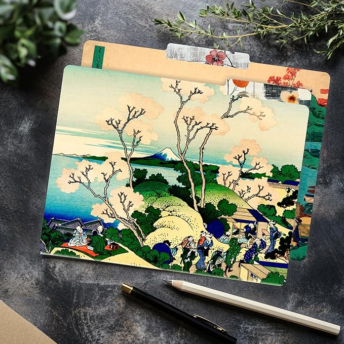 PARTH IMPEX 12 Pack Decorative Hokusai Floral File Folders, 1/3 Cut Tab with Assorted Positions, Letter Size Paper Holders (9.37” x 11.75”) Matte Finish Laminated, Cute Fancy Folder