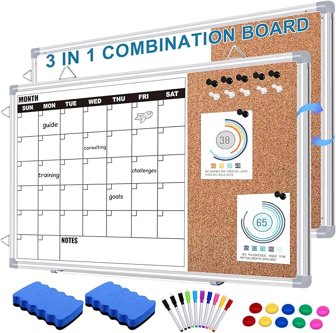 Calendar Whiteboard for Wall, 36" x 24" Double Sided Monthly Dry Erase Board Calendar for Office, Home, School, Hanging Cork Board White Board Combo, Portable Magnetic Dry Erase Planner Board