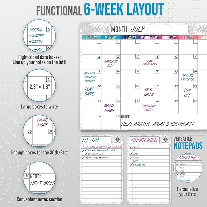 Dry Erase Magnetic Calendar for Refrigerator 16.5x13; 2 Wide Notepads; 4 Markers; Eraser - No Stain Monthly Fridge Calendar Whiteboard