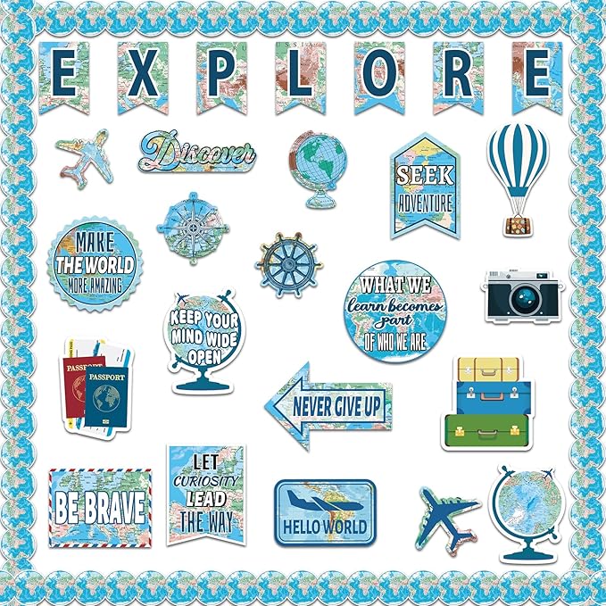 gisgfim Travel the Map Bulletin Board Classroom Decorations Set Motivational Sign Travel Paper Cutouts for World Map Adventure Explore Accent Teacher Supplies Back to School Wall Door Chalkboard Decor