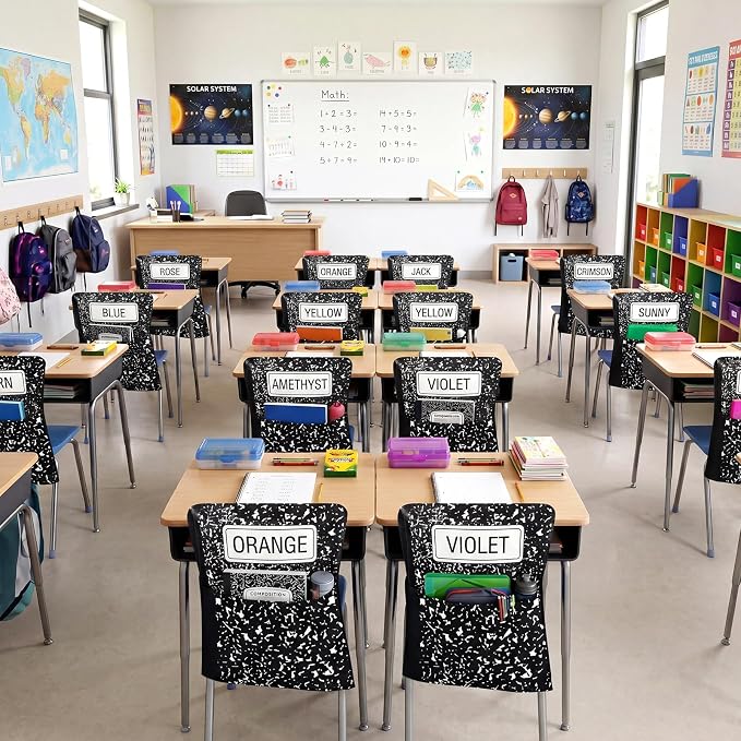 24 Pack Chair Pockets for Classroom Back to School Composition Seat Pocket 20 x 17 Inch K 2 Student Chair Bag Organizer with Name Tag Oxford Cloth Storage Bag for Kindergarten Primary (Black)