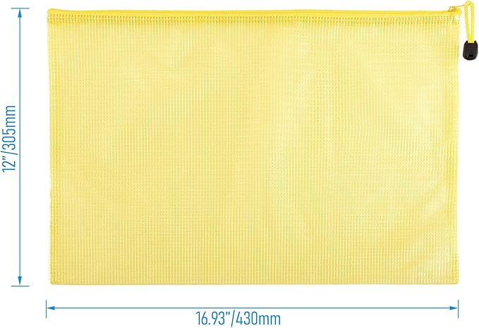 3 Pcs 16.93" x 12.01" A3 Sizes Mesh Zipper Pouch Bags, Mesh Bags with Zipper，Waterproof Clear document pouch for Organization Puzzles Travel, Office, Classroom Organization, A3 Yellow